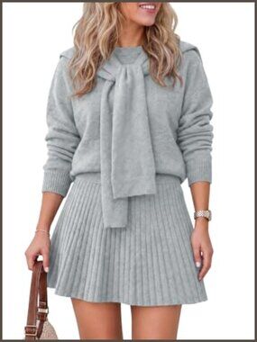 Ribbed Knit 2 Piece Sweater and A-Line Skirt Set Long Sleeve Crew Neck